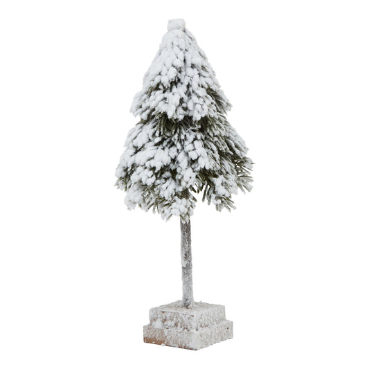 Small Snowy Cedar Tree On Wood Block